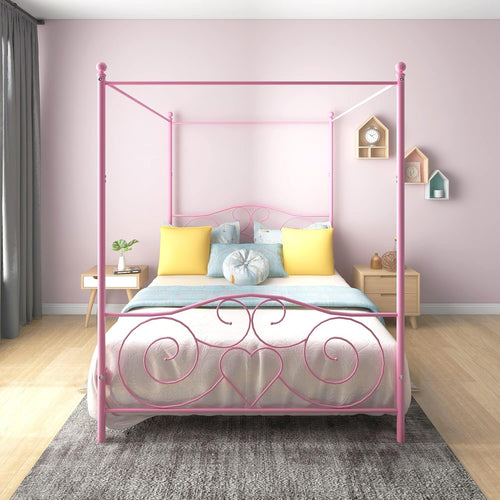 HAHRIR Canopy Bed Frame Platform Metal Bed Frame Heavy Duty Steel Slat and Support with Headboard and Footboard No Box Spring Required (Queen, Pink)