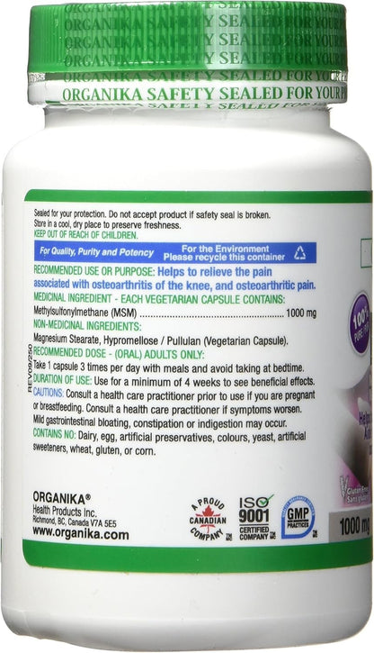Organika MSM - Joint Support and Inflammation Relief Supplement | Supports Healthier Joints, Bones and Cartilage | Stronger Hair, Skin and Nails | Potent Antioxidant | 1,000mg of MSM - 90 vcaps