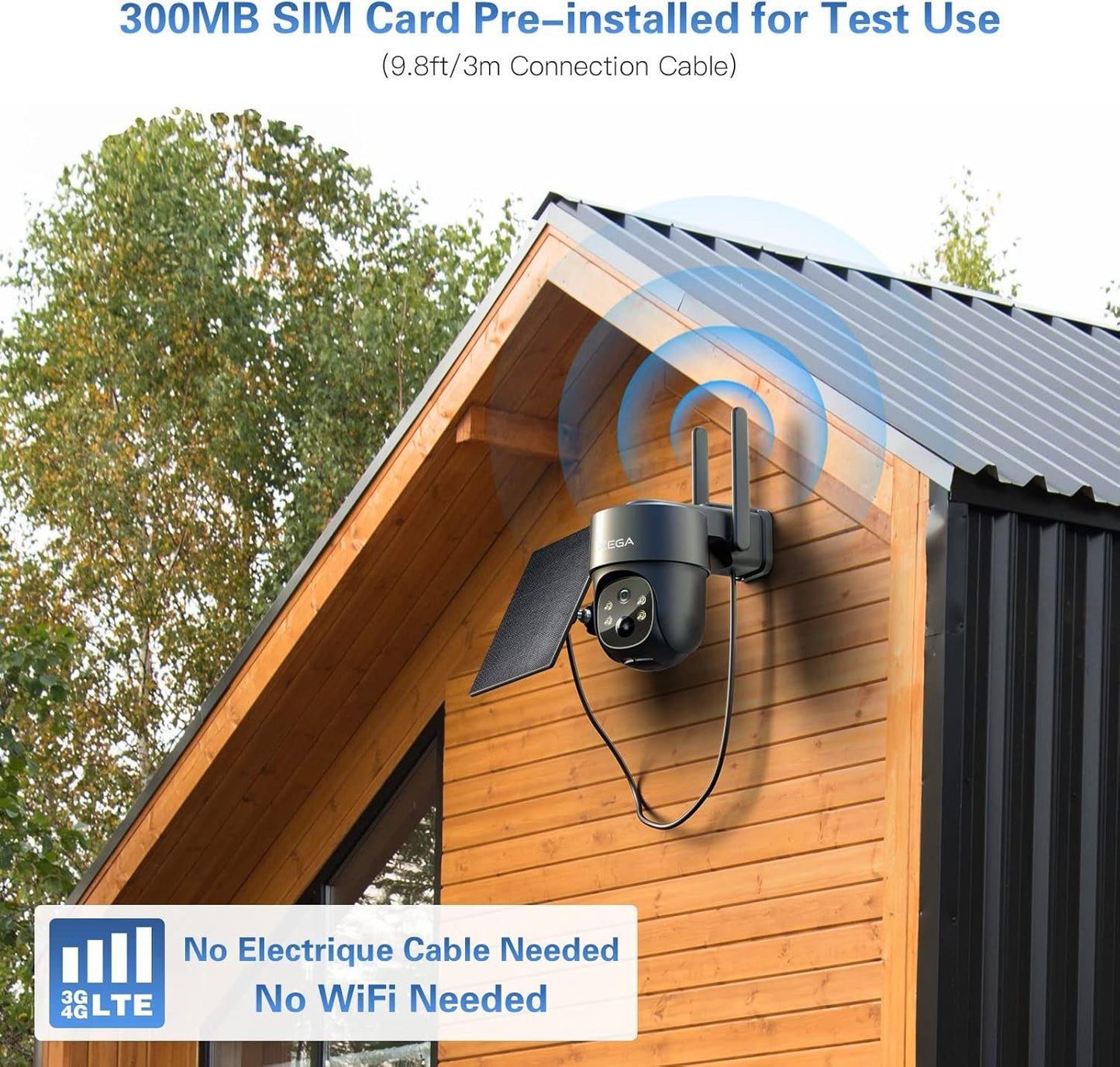 Xega 3G/4G LTE Outdoor Solar Surveillance Camera with SIM Card - 2K HD 3MP PTZ Wireless Camera Without WLAN Outdoor Battery, 355Â°/90Â° Swivel, Colour/IR Night Vision, 2-Way Audio, PIR Detection, IP66