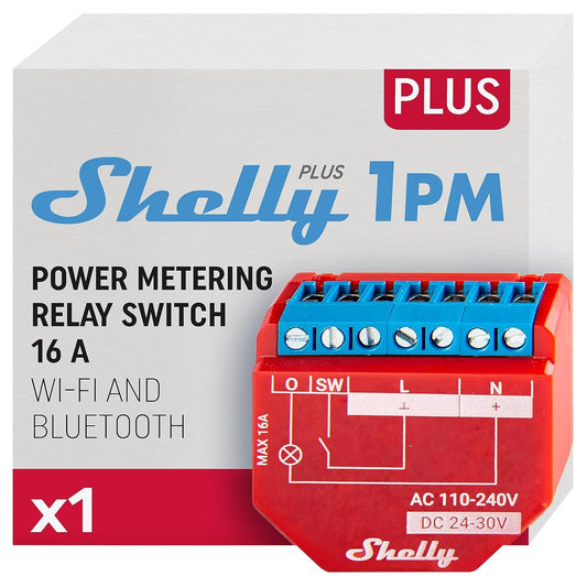 Shelly Plus 1PM | WiFi & Bluetooth Smart Relay Switch with Power Measurement | Home Automation | Alexa & Google Home Compatible | No Hub Required | Wireless Lighting Control