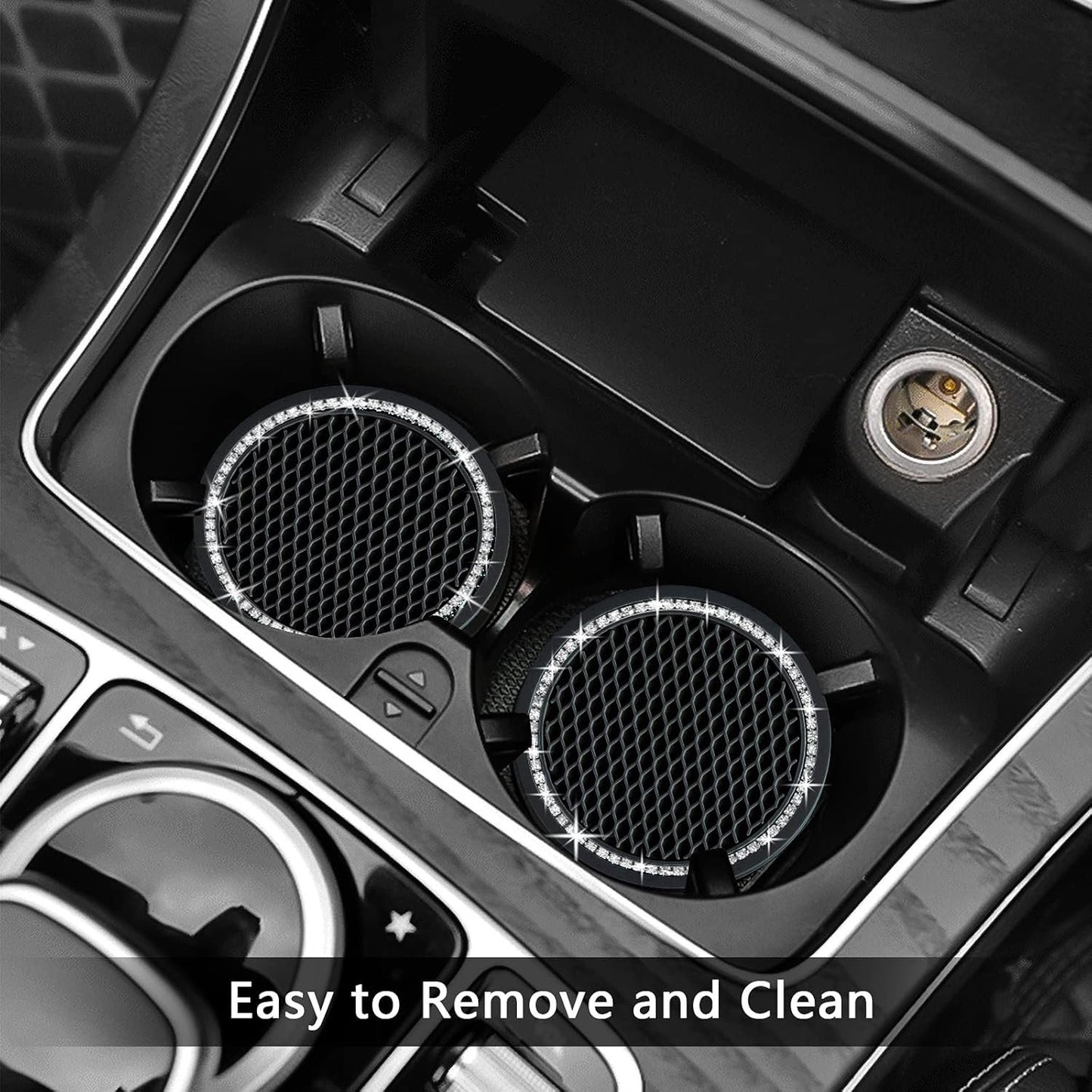 2PCS Bling Car Cup Coaster, 2.75 Inch Auto Cup Holder Insert Coasters Silicone Anti-Slip Crystal Rhinestone Drink Mat, Universal Vehicle Interior Accessories for Women Girls (Black)