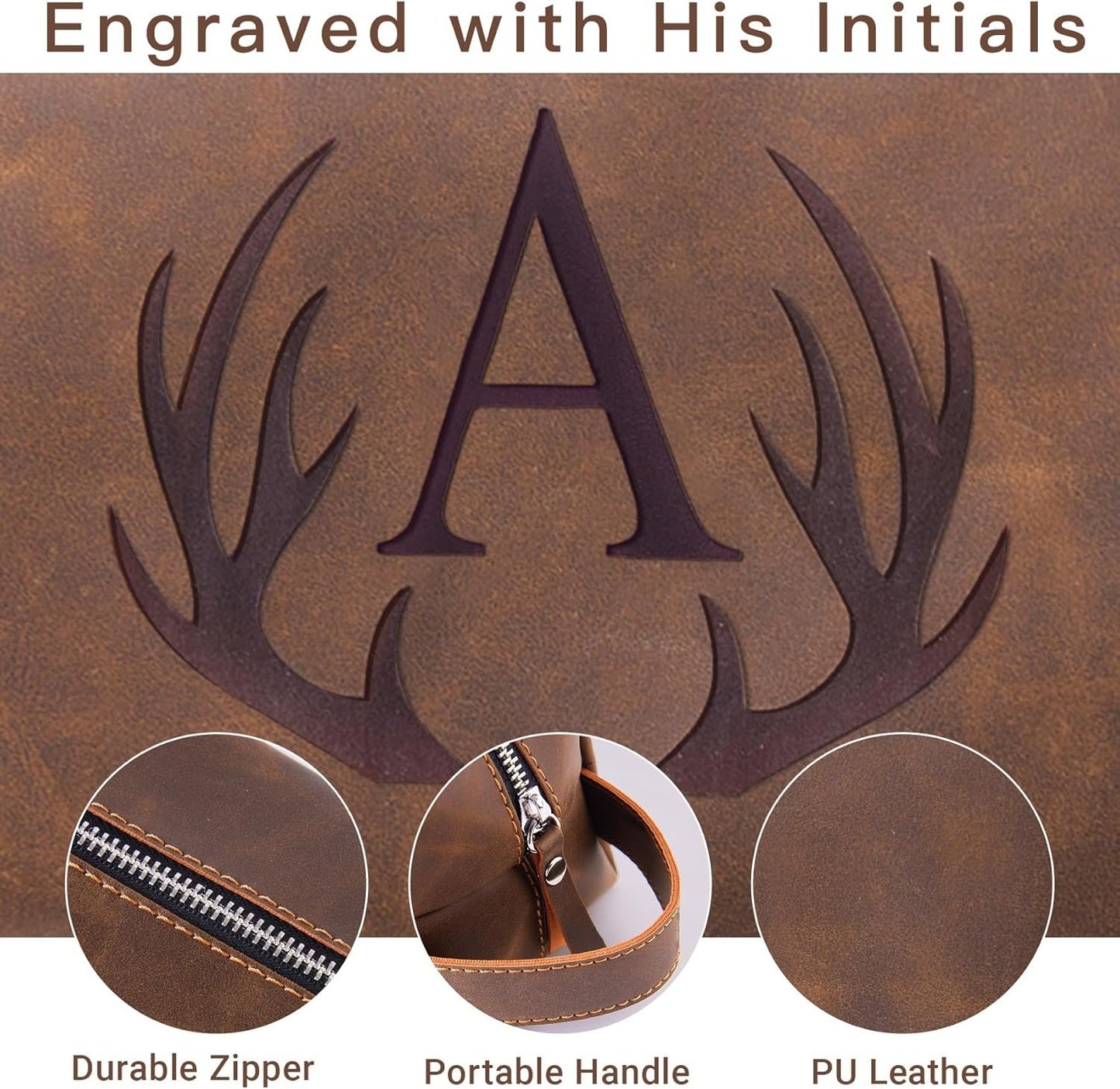 Aganmi Personalized Travel Toiletry Bag for Men Initial Letter PU Leather Waterproof Shaving Bag for Toiletries Accessories Travel Essentials Storage Bags Fathers Day Birthday Gifts for Men, Dark