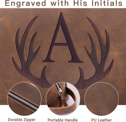 Aganmi Personalized Travel Toiletry Bag for Men Initial Letter PU Leather Waterproof Shaving Bag for Toiletries Accessories Travel Essentials Storage Bags Fathers Day Birthday Gifts for Men, Dark