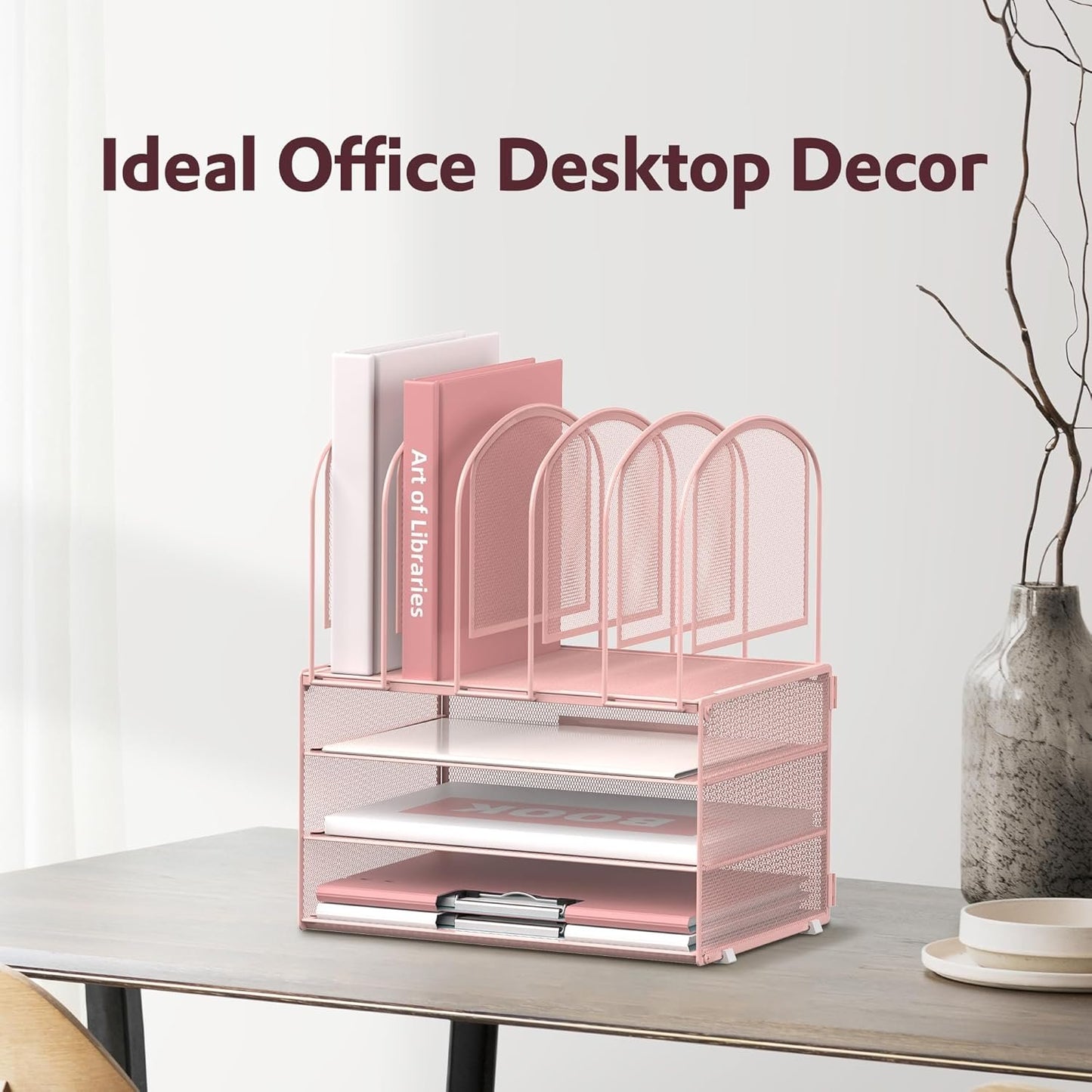 DALTACK Paper Desk Organizer, 3-Tier Letter Tray with 5 Vertical File Holders, Multifunction Desk Organizer, Desktop File Folder Organizer, Desk Organizers and Accessories for Home Office, Pink