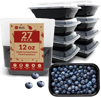Reli. Meal Prep Containers 12 oz (27 Pack) 1 Compartment Meal Prep Containers Reusable | Plastic Take Out Food Box, Microwavable | Small Boxes with Lids for Takeout, Leftover