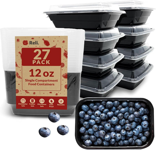 Reli. Meal Prep Containers 12 oz (27 Pack) 1 Compartment Meal Prep Containers Reusable | Plastic Take Out Food Box, Microwavable | Small Boxes with Lids for Takeout, Leftover
