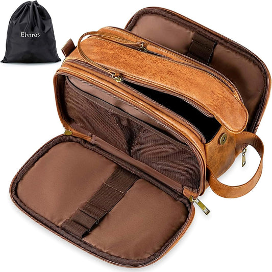 Elviros Toiletry Bag for Men, Large Travel Shaving Dopp Kit Water-Resistant Bathroom Toiletries Organizer PU Leather Cosmetic Bags (Brown, Large)
