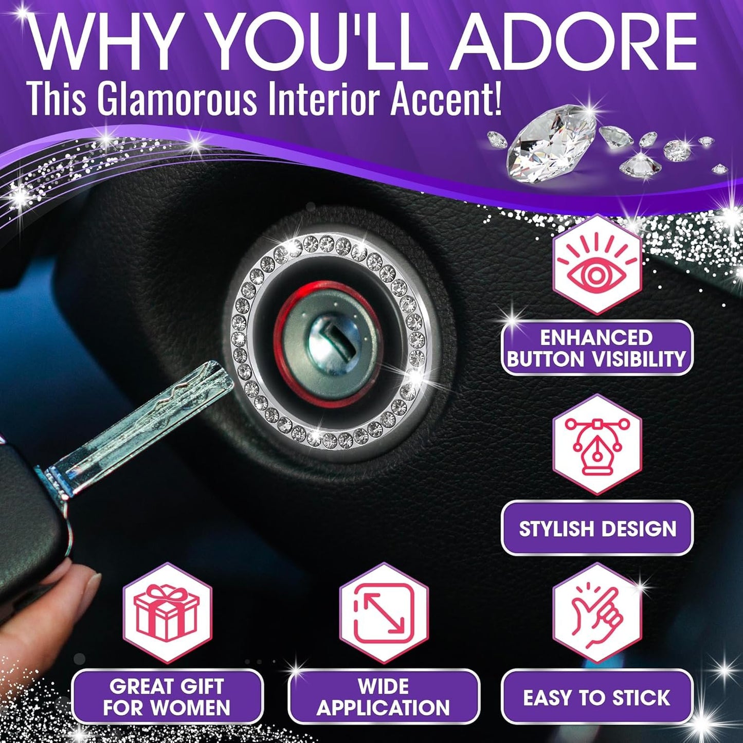 Bling Car Decor SD-1003 Crystal Rhinestone Car Bling Sticker Ring Emblem, Auto Start Engine Ignition Key & Button Bling, by (Silver) by