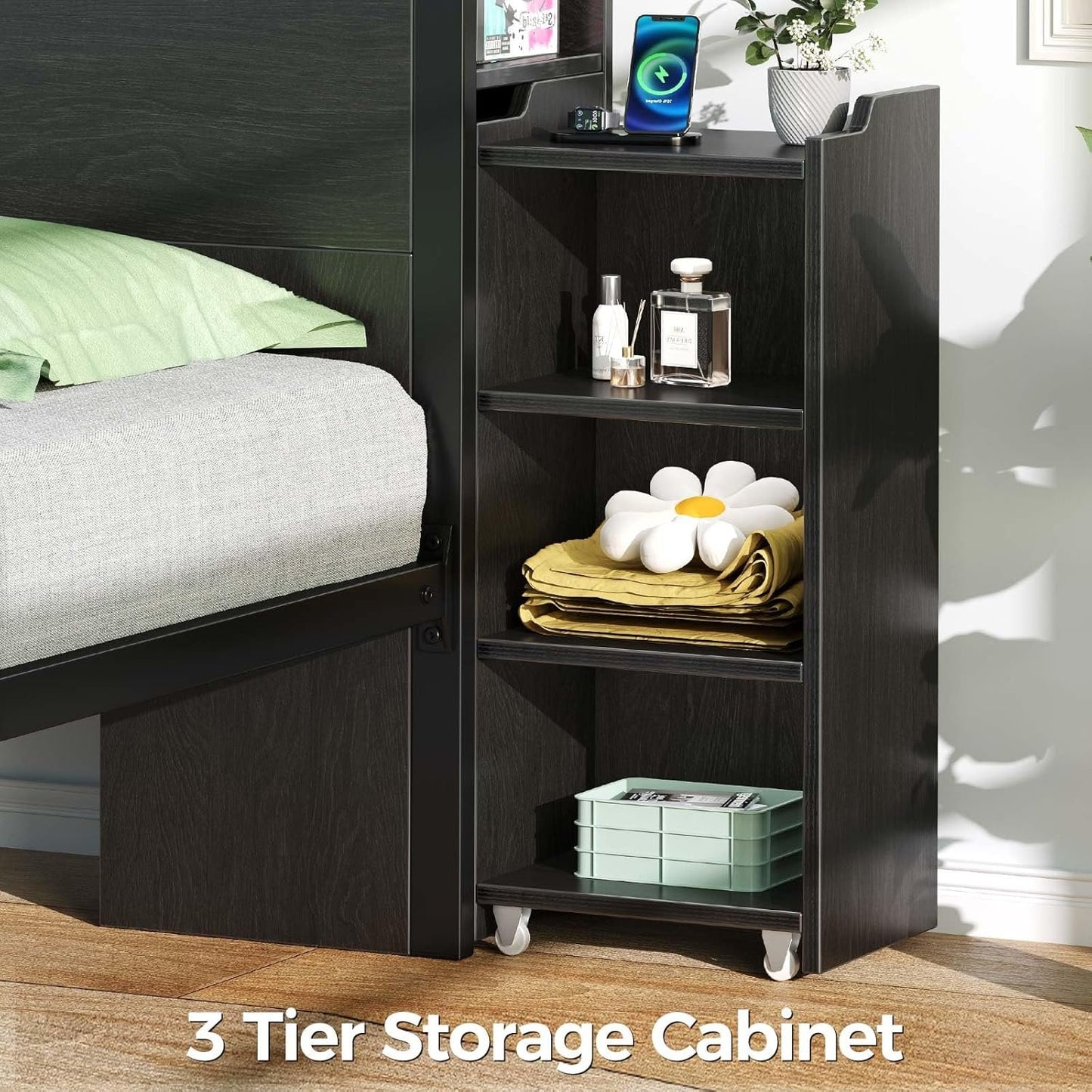 Rolanstar Bed Frame Queen Size with Bookcase Storage Headboard, Slide Out Bedside Storage Table, Bed with Charging Station & LED Lights, Heavy Duty Metal Slats, No Box Spring Needed, Noise Free, Black