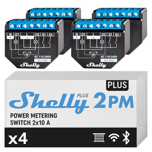 Shelly Plus 2PM (16A) - 4 Pack | WiFi & Bluetooth 2 Channels Smart Switch with Power Metering | Home Automation | Roller Shutter Remote Control | Alexa & Google Home Compatibility | iOS Android App