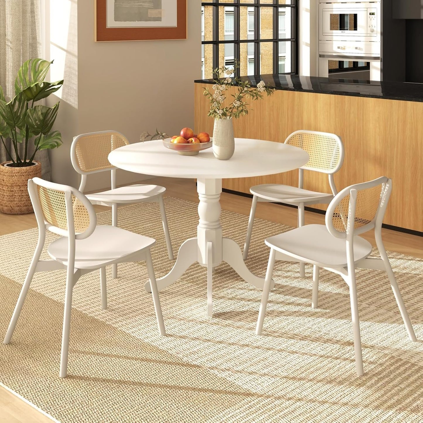 SILKYDRY 39-inch Round Dining Table, Mid Century Modern Kitchen Table with Circle Tabletop & Curved Trestle Legs, Pedestal Dinette for 4, Suitable for Leisure Café Bistro (White)