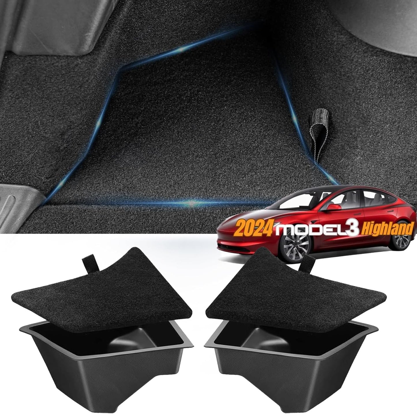 Car Trunk Organizer for Tesla Model 3 Highland 2025 2024, 2-Pack Rear Trunk Storage Boxes with Lids, TPE Waterproof Trunk Side Packets Tray Storage Bins Accessories