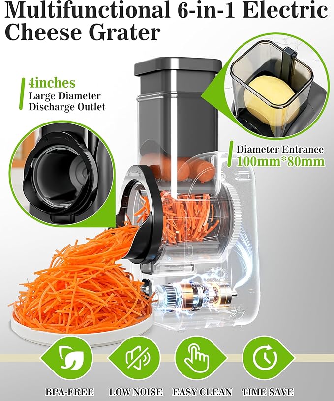 Electric Cheese Grater Rotary Slicer-One-Touch Control Vegetable Slicer, Nuts Grinder Cheese Shredder for Home Kitchen Use, 6 Replaceable Stainless Steel Blades(Black)