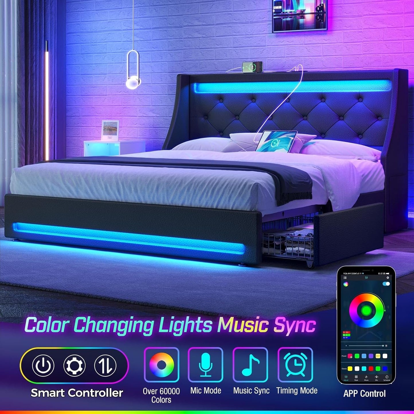 Rolanstar Queen Bed Frame with 4 Storage Drawers, Charging Station and LED Lights, Upholstered PU Leather Platform Bed with Heavy Duty Wooden Slats, No Box Spring Needed, Noise Free, Easy Assembly
