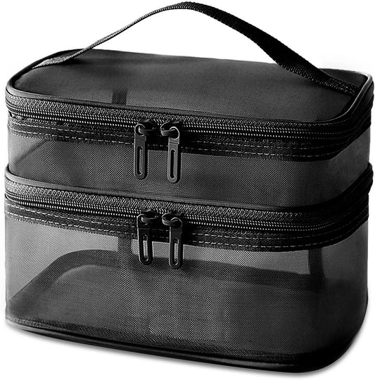 Double Layer Makeup Bag, Large Mesh Travel Cosmetic Pouch with Double Zipper, Vertical Make up Bag, Multifunctional Toiletry Bag for Makeup Brushes (Black)