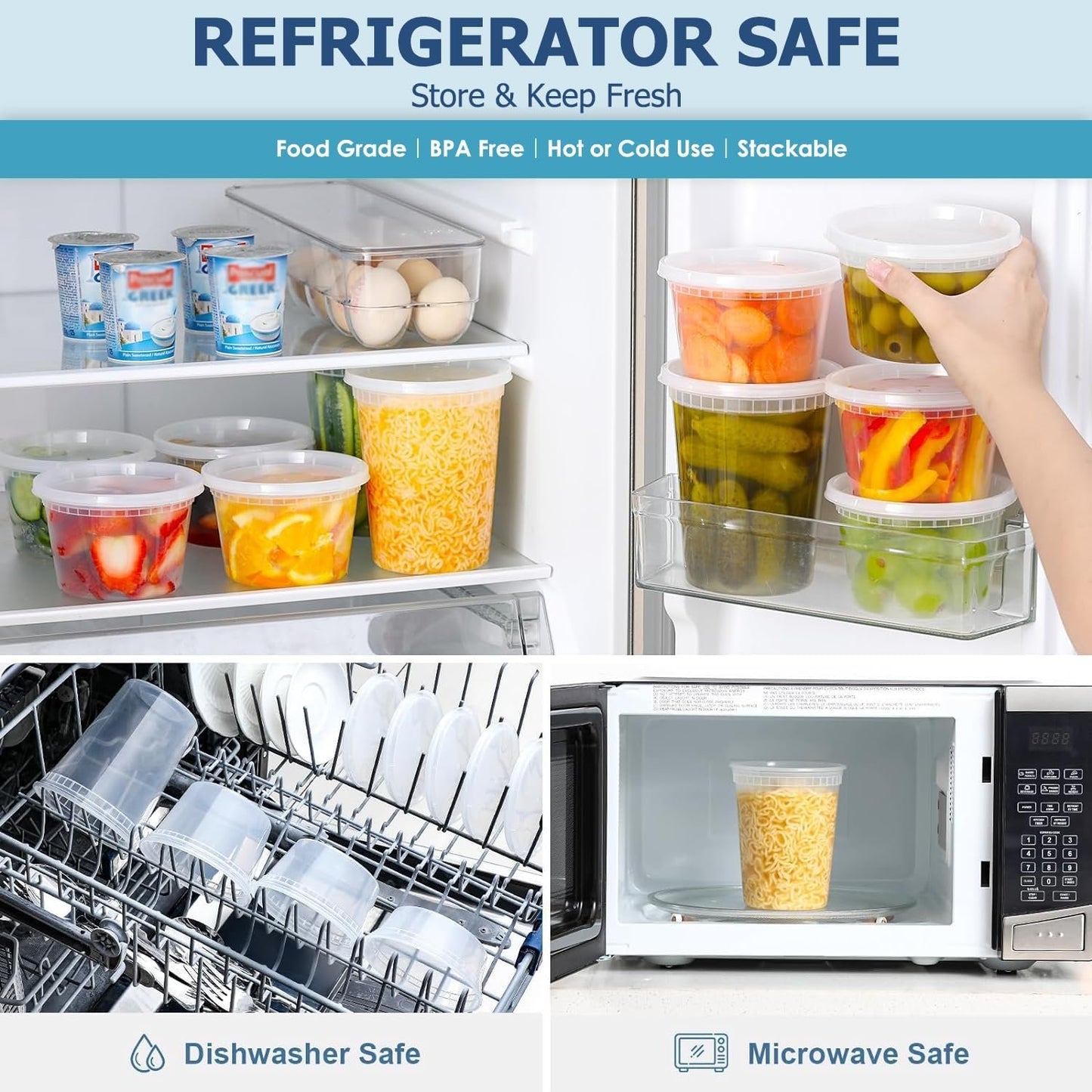 60 Pack Deli Containers with Lids, [8/16/32oz, each 20sets]Plastic Food Storage Containers Premium Plastic BPA-Free, Freezer Storage, Meal Prep Containers, Microwaveable & Dishwasher Safe