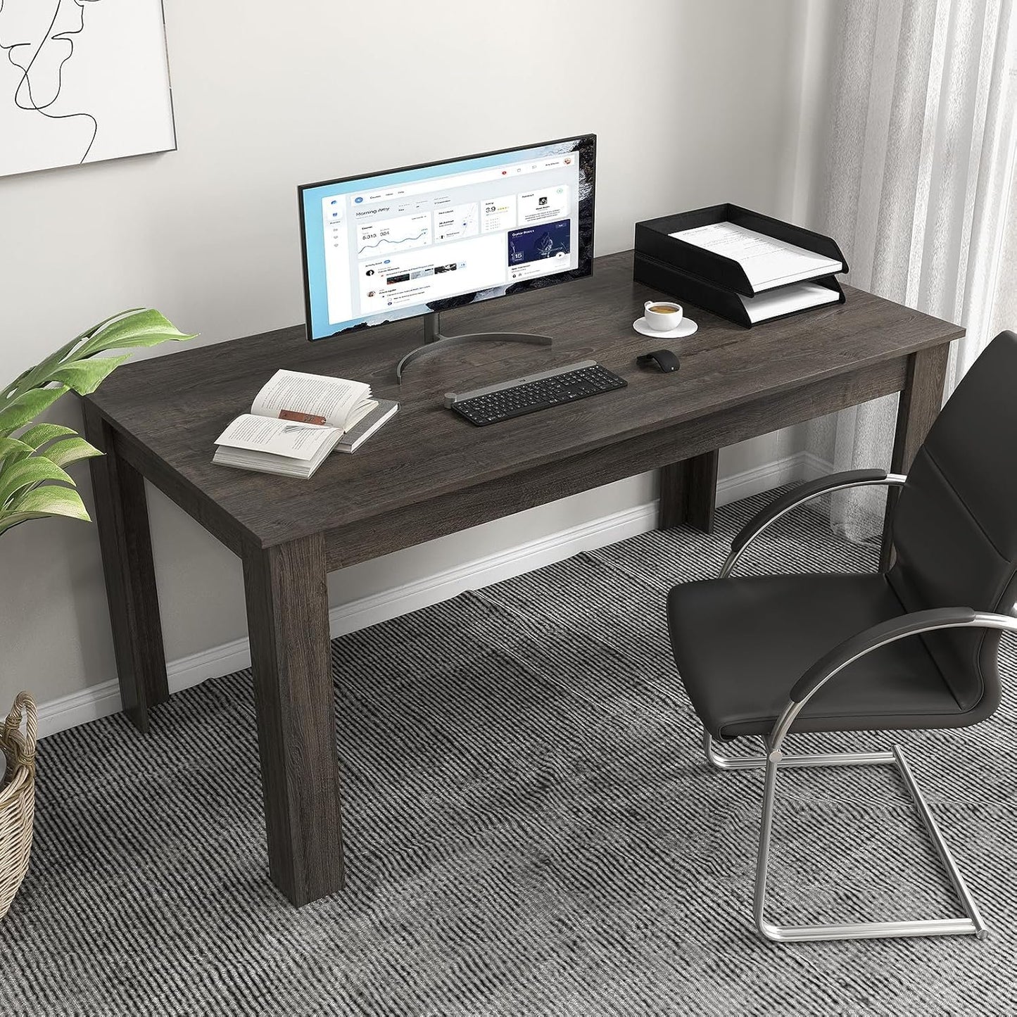 COSTWAY Dining Table for 4-6 People, 63” Rectangular Dining Room Table, Farmhouse Dinette Table with Large Computer Workstation, Modern Kitchen Table for Apartment, Living Room, Restaurant (Grey)