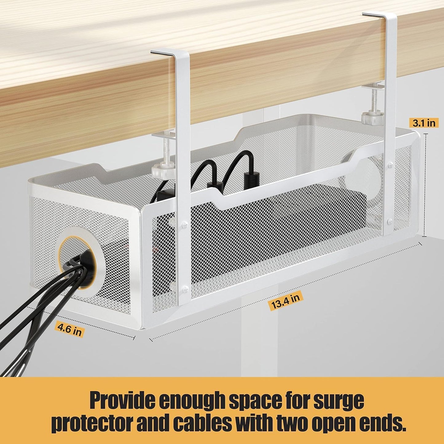 2 Pack Under Desk Cable Management Box White, Cinati Wire Organizers No Drill, Cord Organization Tray with Clamp for Office, Home - No Damage to Desk