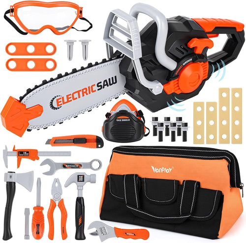 Toy Chainsaw for Kids - Kids Tool Set Pretend Play Construction Toys Kit with Tool Bag, Chainsaw Tool Set Outdoor Preschool Gardening Gift Toys for 3 4 5 Year Old Boys & Girls
