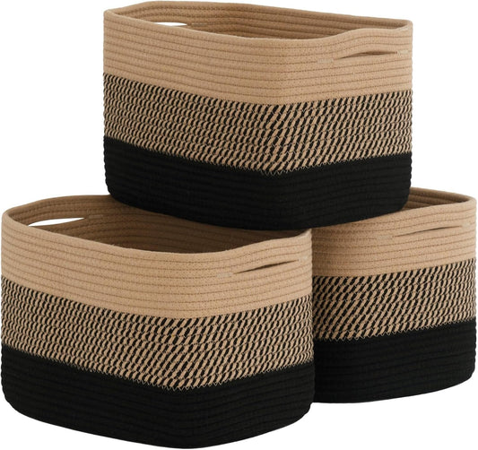 Cherrynow Woven Storage Basket Set of 3, Decorative Storage Baskets for Shelves, Square Rope Storage Basket for Books, Toys, Magazines, Farmhouse Basket for Bedroom, Living Room, 15 x 10 x 9 inches