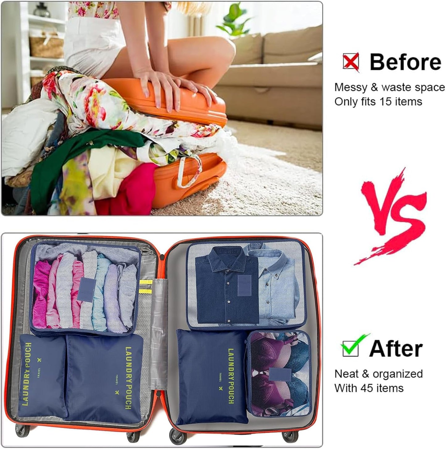 BAYINBROOK 9 Piece Suitcase Organizer, Packing Cube Set, Travel Organizer for Clothes, Cosmetics, Shoes, Intim (Dark Blue)