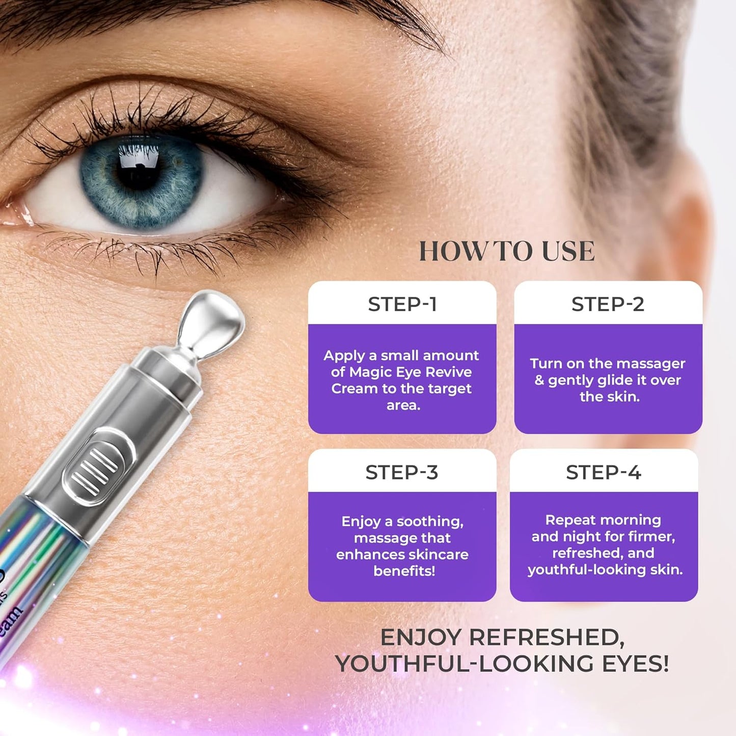 Magic Eye Revive Cream | Advanced Anti-Aging Treatment with Built In Viberating Massager | Hyderating, Firming & Brightening Formula | Anti Wrinkle, Fine Lines & Dark Circles, Puffiness & Under Eye Bags | Peptide Infused with Herbal Extracts