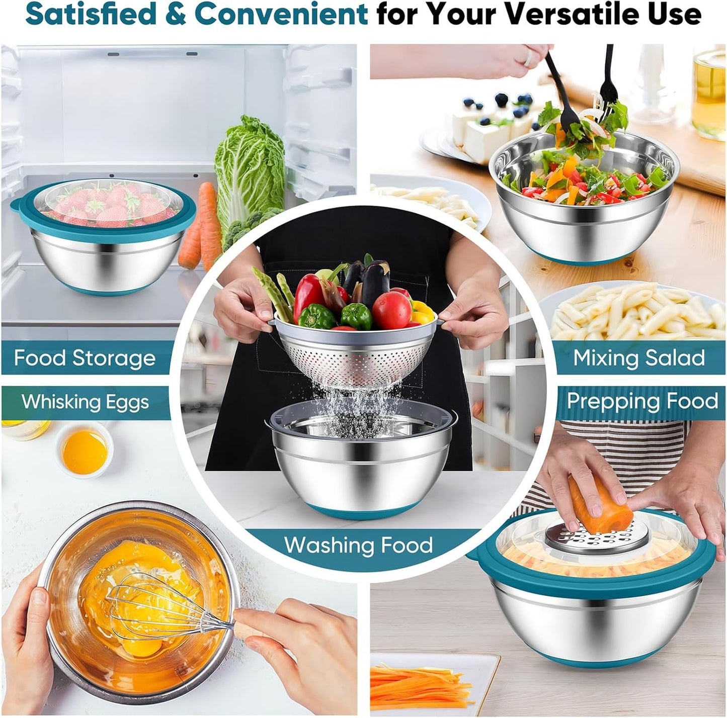 P&P CHEF Mixing Bowls with Lids Set of 3, 3 Pcs Stainless Steel Nesting Salad Bowls and Colander for Kitchen, 3 Grater Attachments & Non-Slip Bottoms, Visible & Airtight Lid, Blue