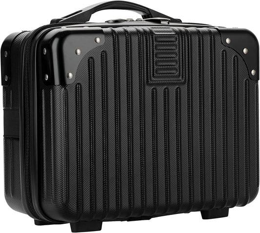 BSTKEY Portable Hard Shell Cosmetic Travel Case, Small Travel Hand Luggage with Elastic Band, Mini ABS Carrying Makeup Case Suitcase, Black