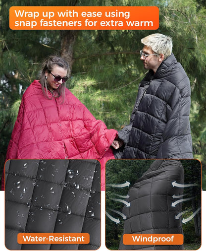 KingCamp XL Oversize Packable Lightweight Travel Down Alternative Warm Camping Blanket, Large Compact Outdoor Waterproof Insulated Blanket for Airplane, Hiking, Backpacking, Stadium, Park, Black
