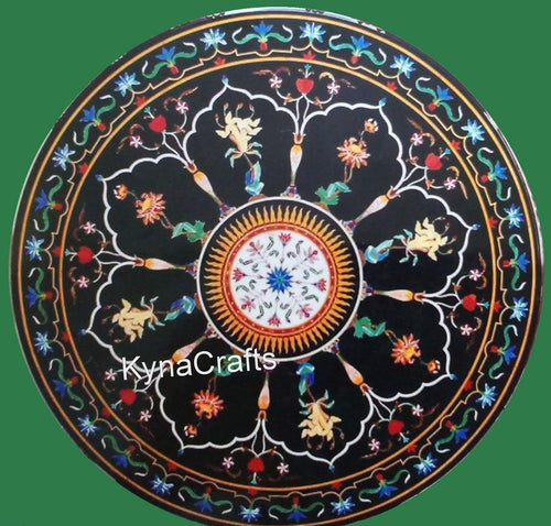 50 x 50 pollici Pietra Dura Art Living Room Table for Hotel Decor Round Shape Black Marble Dining Table Top