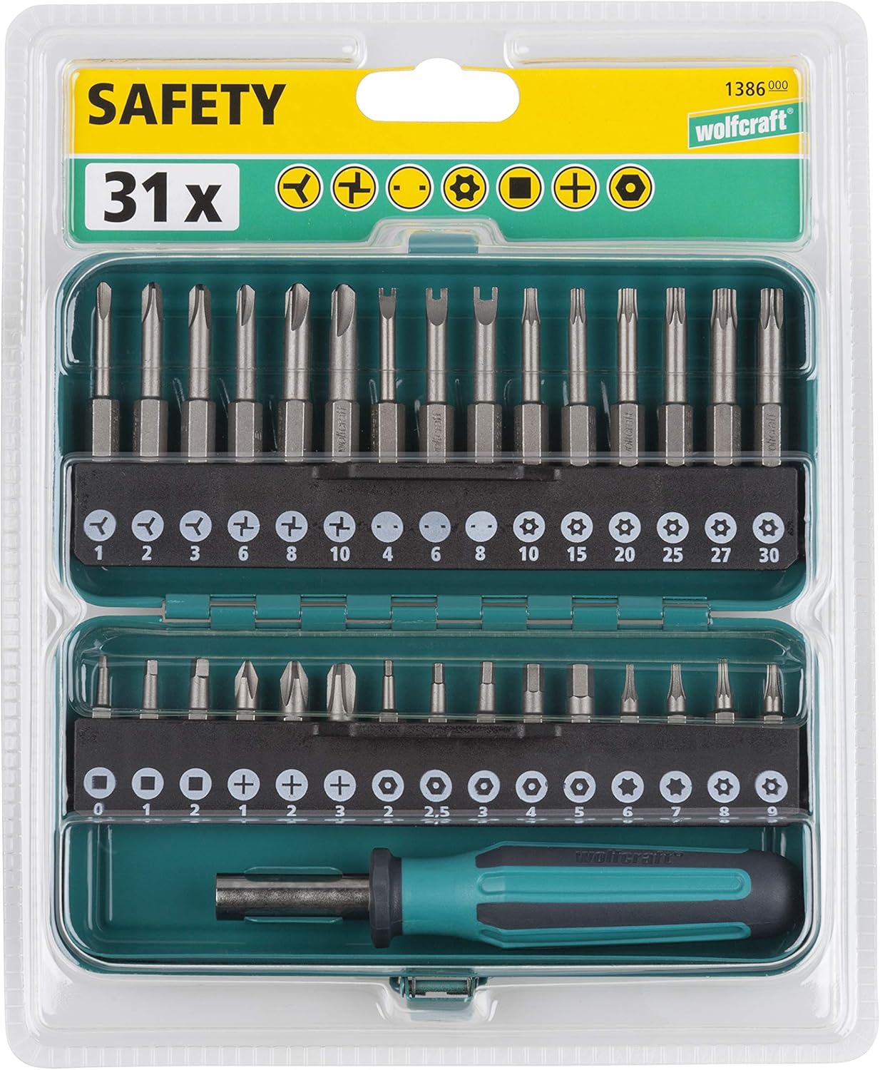 wolfcraft 31 Piece I 1386000 I Box Safety Screw Safety Box Metal 30 Solid Inserts 25 and 50 mm with Bit Holder and Hand Screwdriver