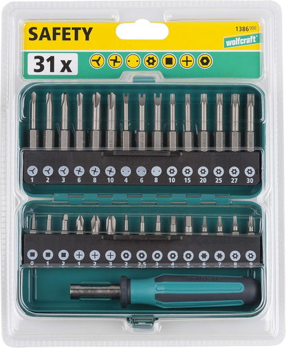 wolfcraft 31 Piece I 1386000 I Box Safety Screw Safety Box Metal 30 Solid Inserts 25 and 50 mm with Bit Holder and Hand Screwdriver