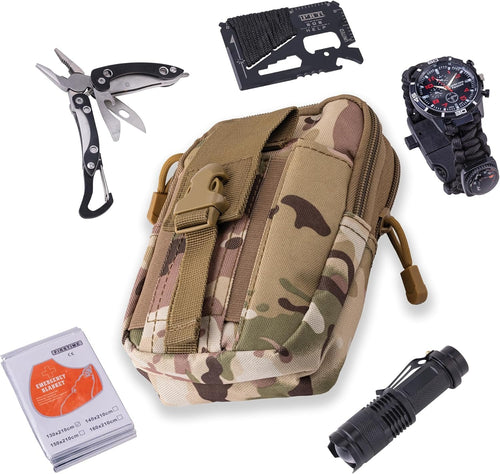 Stauer Desert Camo Emergency Survival Kit – Multi Tool, Flashlight, Emergency Blanket, Camping Watch, Multi Function Card in a Practical Camo Bag