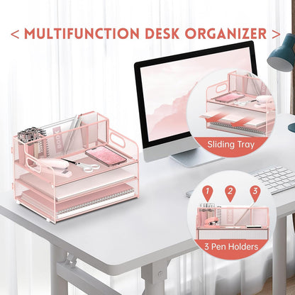 JMHUD 3-Tier Paper Letter Tray Organizer with Pen Holder, Mesh Desk Accessories & Workspace Organizers with Handle, File Sorter Office Supplies for Desk,Pink