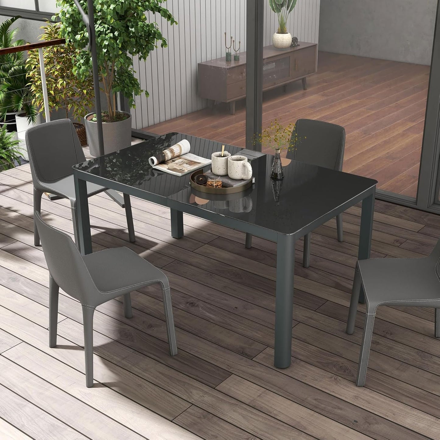 Outsunny Outdoor Dining Table for 6 People, 59" x 35" Rectangular Aluminum Patio Table with Tempered Glass Top and Height-Adjustable Feet for Garden, Balcony, Porch, Deck, Grey
