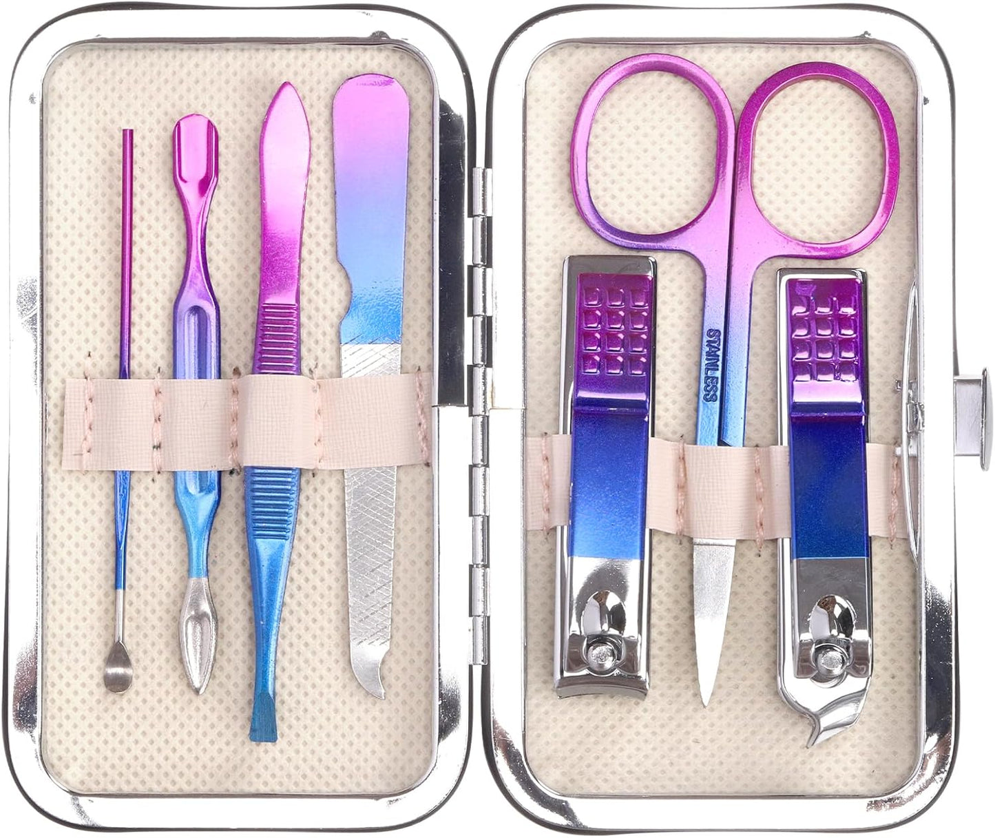 Swpeet 7Pcs Manicure Set Travel Nail Clipper Kit Stainless Steel Beauty Kit Luxurious Leather Travel Case Contains Nail Cleaner Clipper Scissors Tweezers Ear Pick Nail File for Personal Care, Colorful