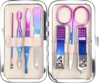 Swpeet 7Pcs Manicure Set Travel Nail Clipper Kit Stainless Steel Beauty Kit Luxurious Leather Travel Case Contains Nail Cleaner Clipper Scissors Tweezers Ear Pick Nail File for Personal Care, Colorful