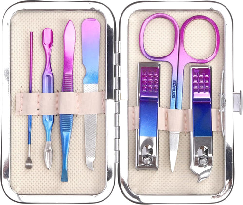 Swpeet 7Pcs Manicure Set Travel Nail Clipper Kit Stainless Steel Beauty Kit Luxurious Leather Travel Case Contains Nail Cleaner Clipper Scissors Tweezers Ear Pick Nail File for Personal Care, Colorful