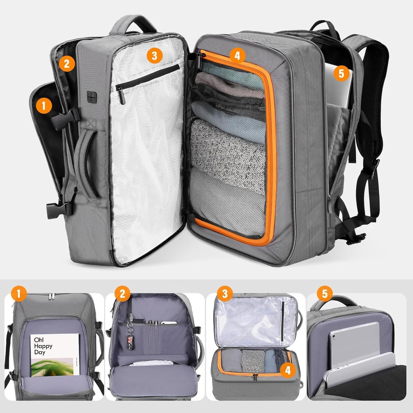 HOMIEE 50L Expandable Travel Laptop Backpack, Flight Approved Carry-On Luggage Backpack, 17.3 Inch Water Resistant Backpack (Grey)