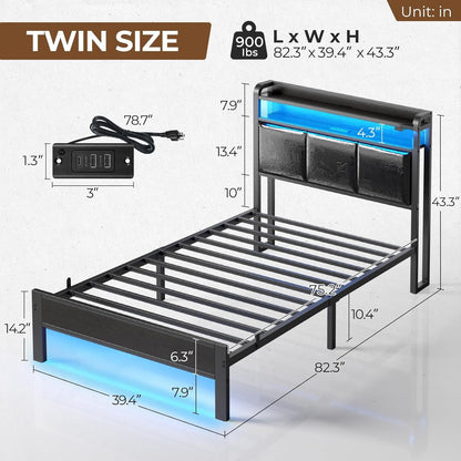 Rolanstar Bed Frame Twin Size with Charging Station and LED Lights, PU Leather Headboard with Storage Shelves, Heavy Duty Metal Slats, No Box Spring Needed, Single Bed, Easy Assembly, Black