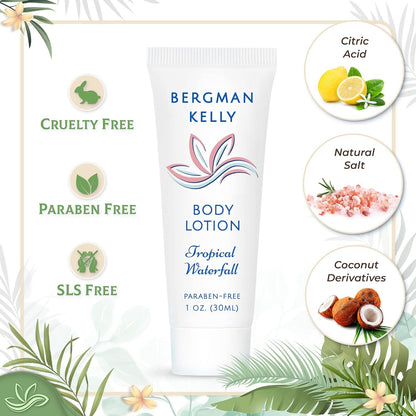Bergman Kelly Hotel Toiletries Bundle - Tropical Waterfall, 1 oz each, 100 Pcs - 4-Piece Set: 25 Rectangular Bar Soap, 25 Shampoo, 25 Conditioner & 25 Body Lotion - Bulk Mini Guest Amenities