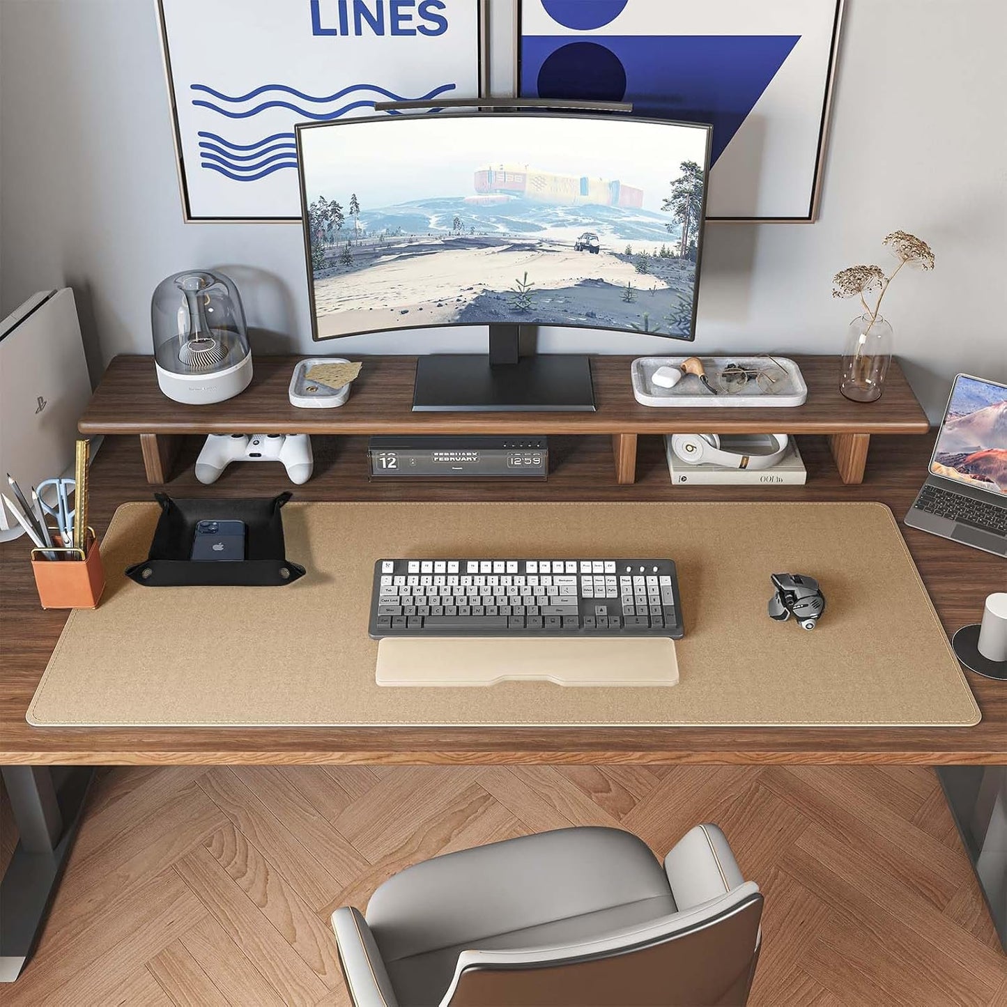 DAWNTREES Dual Sided Desk Mat,40"x16",PU Leather & Cork Desk Pad Protector,Large Mouse Pad and Keyboard Mat,Desk Writing Pad for Office and Home,with Valet Tray Organizer