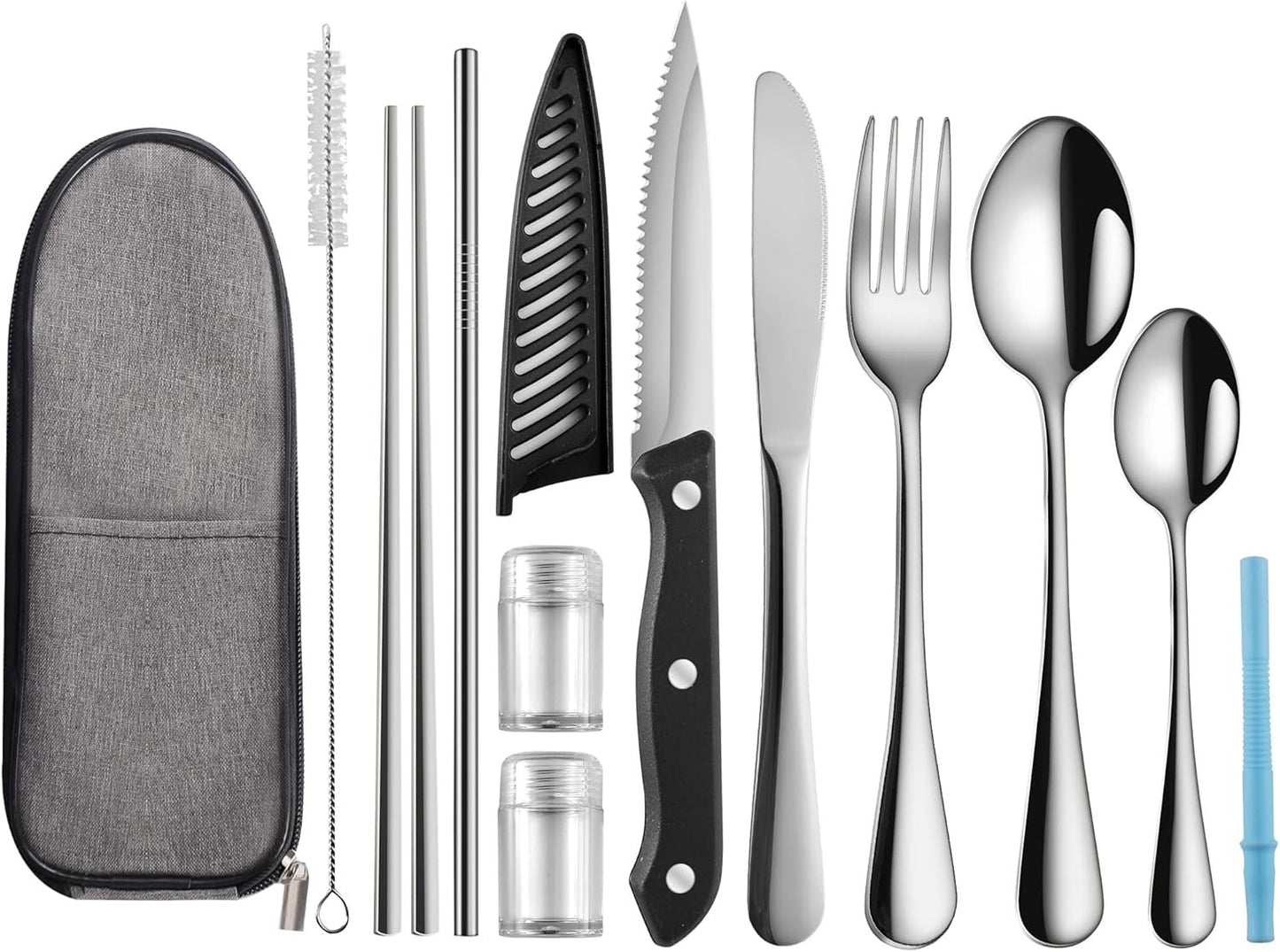 Portable Travel Utensils Set,Reusable Utensils,Travel Camping Cutlery Set,Stainless Steel Flatware Set with Case,Lunch Boxes Workplace Camping School Picnic (Silver)
