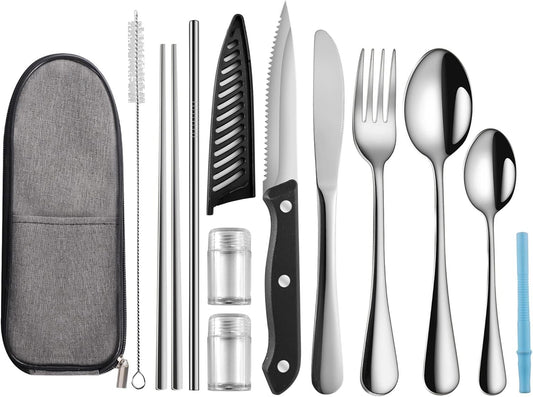 Portable Travel Utensils Set,Reusable Utensils,Travel Camping Cutlery Set,Stainless Steel Flatware Set with Case,Lunch Boxes Workplace Camping School Picnic (Silver)
