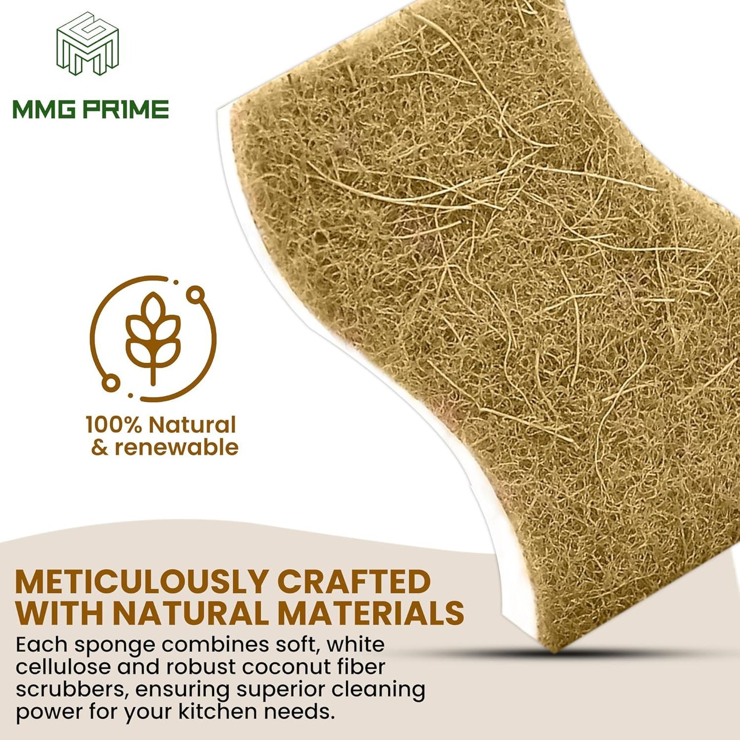 MMG Prime Natural Kitchen Sponge –12-Pack Biodegradable Sponges for Dishes –Compostable Dish Washing Scrubbers – Eco Friendly Non-Scratch Cellulose & Coconut Husk Scrubber Sponges for Cleaning