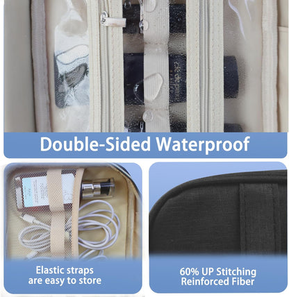 Travel Toiletry Bag with Hanging Hook, Water-Resistant Makeup Cosmetic Bag Travel Organizer for Travel-Sized Shampoo, Conditioner, Brushes Set, Makeup Accessories, Black