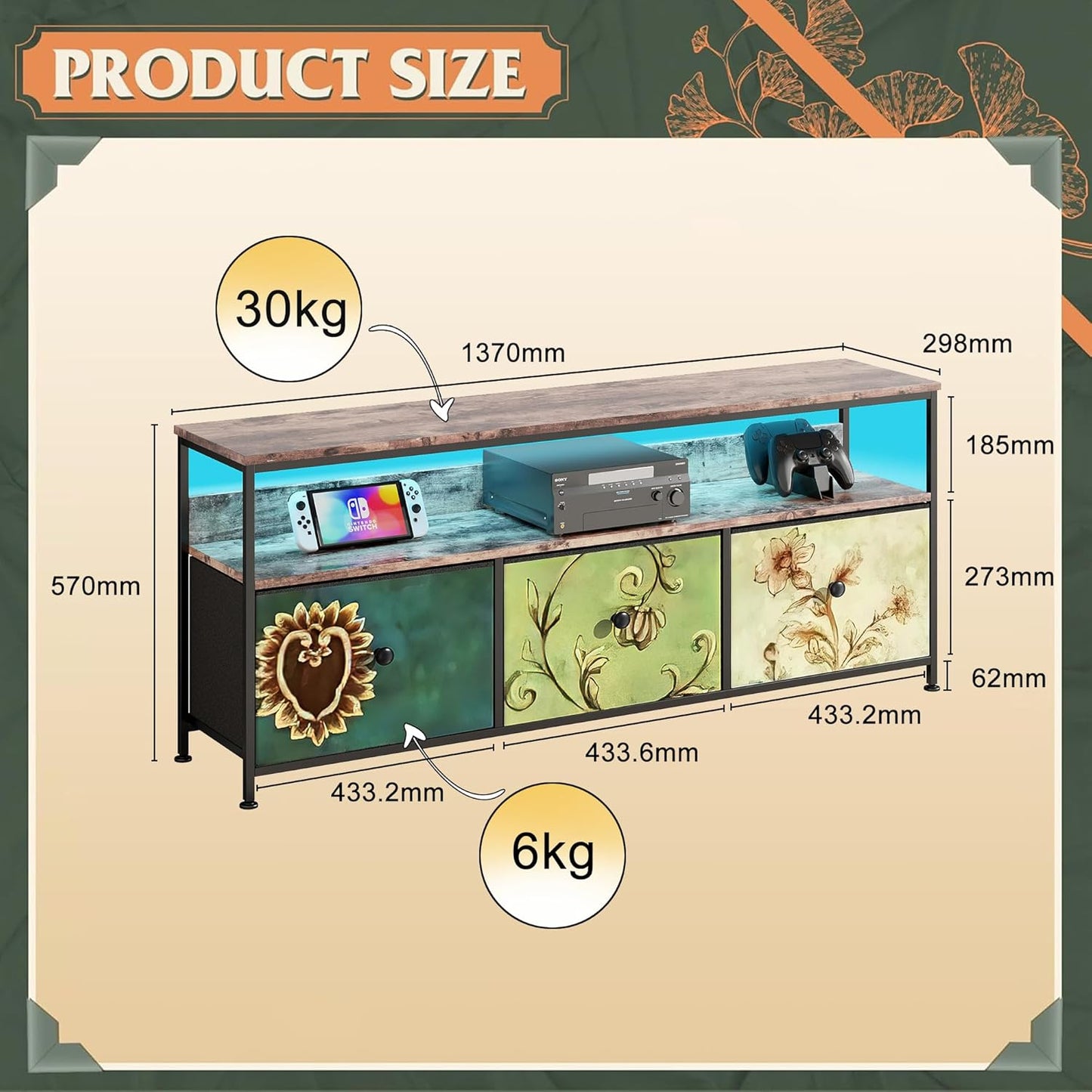 MISNODE TV Unit Unit with LED Lighting and Fabric Drawers and Shelves TV Cabinet Low for Living Room Bedroom (Colorful, Large, 3 Drawers)