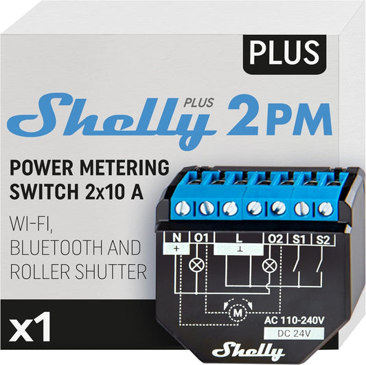 Shelly Plus 2PM, WiFi & Bluetooth 2 Channels Smart Relay Switch with Power Metering, Home Automation, Roller Shutters, Remote Control, Alexa & Google Home, iOS Android App