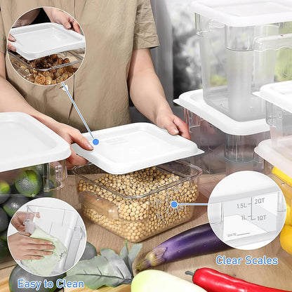4 Pcs Food Storage Containers with Lids 2 and 4 Quart Clear Plastic Commercial Container Set with Scales Handles for Home Restaurant Fridge Freezer Kitchen Brining Food, Proof Dough, Marinating Meat