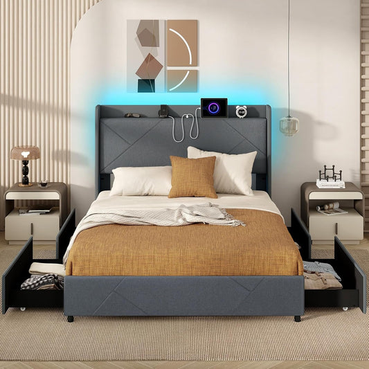 Giantex Queen Bed Frame with 4 Storage Drawers & LED Lights, Upholstered Platform Bed with Wingback Headboard & Charging Station, Wooden Slats, Easy Assembly, Grey (Queen)